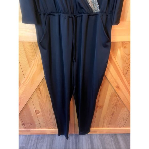 🌿 Kardashian Kollection Black Jumpsuit V-neck Wrap Sequins - Size XL - Picture 2 of 10